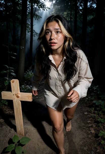 Location: dim evening in a secluded forest clearing where pale moonlight filters through the dense canopy and casts e…
