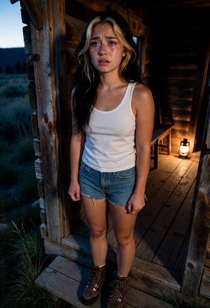 Location: twilight on the weathered wooden porch of a rustic cabin, where the fading blue light of dusk meets the war…