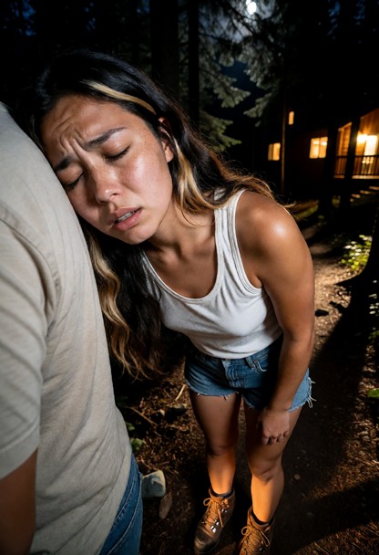 Location: late night on the dark forest path outside the cabin, where the dim moonlight filters through the thick bra…