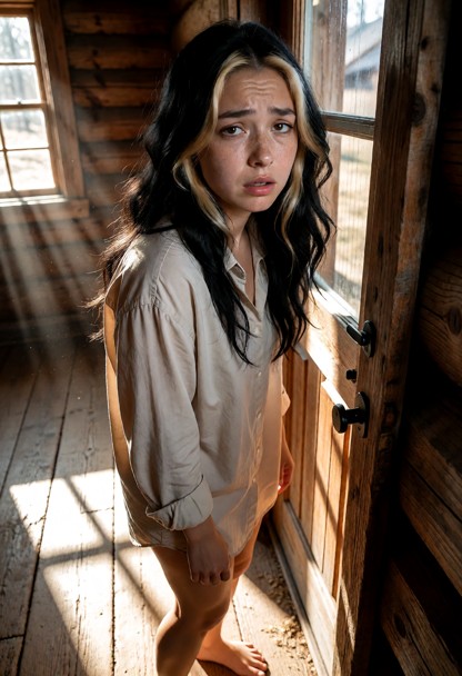 Location: bright morning inside the rustic wooden cabin, where sunlight streams through the window slats, illuminatin…