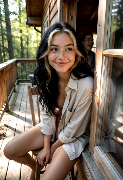 Location: bright morning outside the rustic wooden cabin, where sunlight filters through the trees and dances on the …