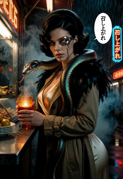 a cinematic 1930s-style anime-noir scene. a mysterious woman with a sleek bob haircut stands at a dimly lit, smoky st…