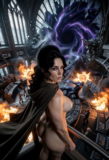 an epic, wide-angle cinematic shot from a high balcony overlooking a massive spaceship bridge in total collapse. in t…