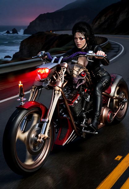 Scenario and Motion: A wide cinematic action shot of a highly detailed custom chopper motorcycle driving along a wind…