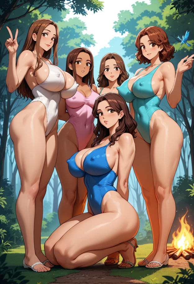 five women are kneeling in a forest clearing,five women,royal outfit,feathers in hair,forest clearing,campfire,tall g…