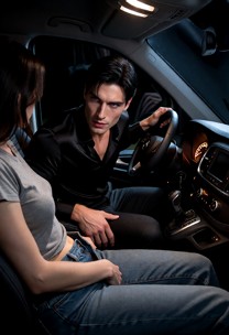 Luna sits in the passenger seat and looks toward Husband. Luna shifts her torso forward toward the center console wit…