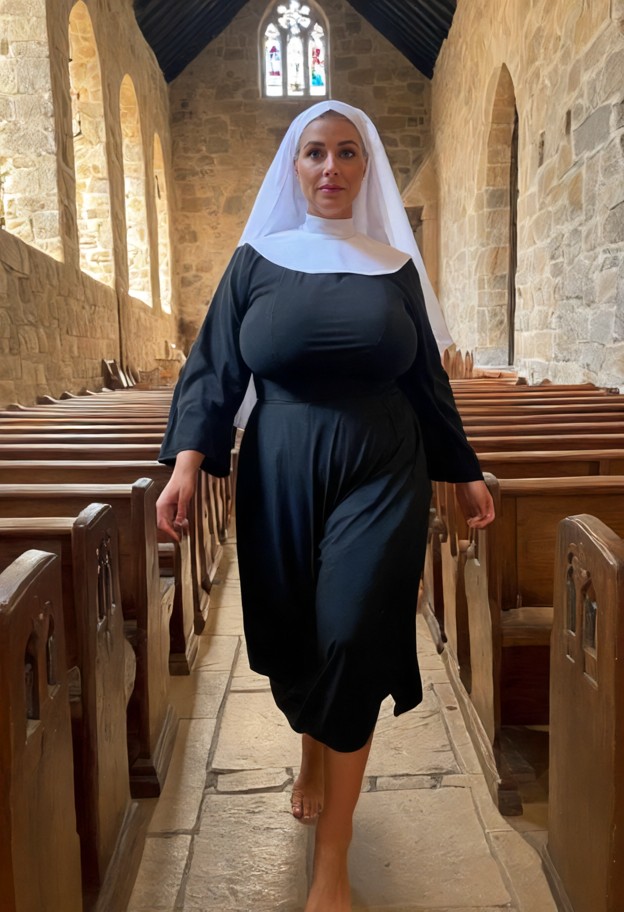 she is walking forward in a church,black nun habit,white veil,empty church nave,stone walls,wooden pews,selfie closeu…