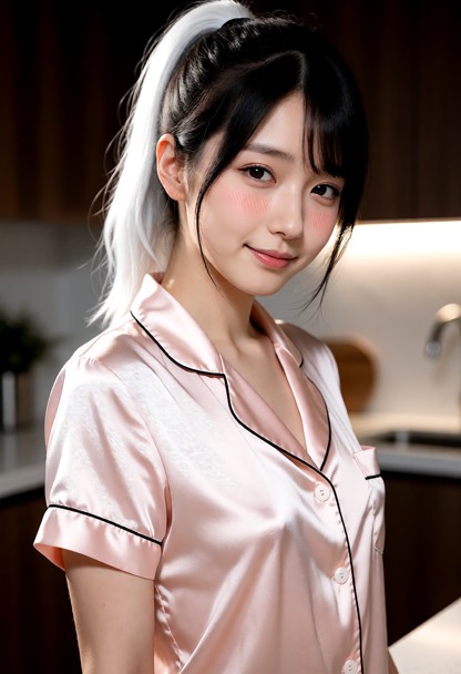 black hair, Woman wears cute silk pajamas, styled as comfortable sleepwear. kitchen, The scene is lit with an ambient…