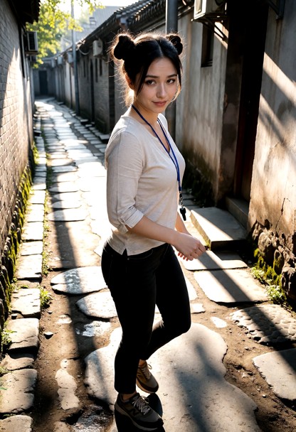 Location: a narrow, winding alleyway during late afternoon, where the sunlight casts long, dramatic shadows across th…