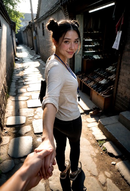 Location: a narrow, winding alleyway during late afternoon, where the sunlight casts long, dramatic shadows across th…