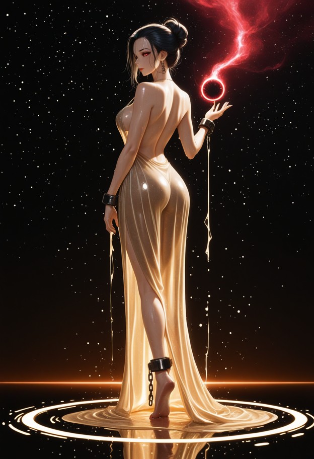 a celestial goddess standing in the heart of a vibrant cosmic nebula,her hands gracefully sculpting a glowing,molten …