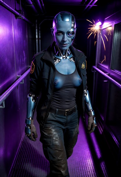 Location: dim industrial walkway illuminated by pulsing violet neon lights, with metallic surfaces reflecting the col…