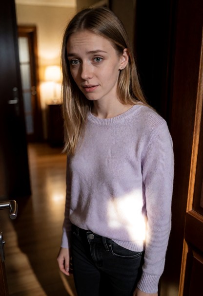 Location: dimly lit apartment interior in the evening, with soft ambient light from a hallway lamp casting long shado…