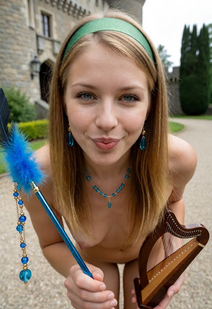 The scene is set outside a castle, in a courtyard near the castle exterior., The scene is lit with soft diffused ligh…