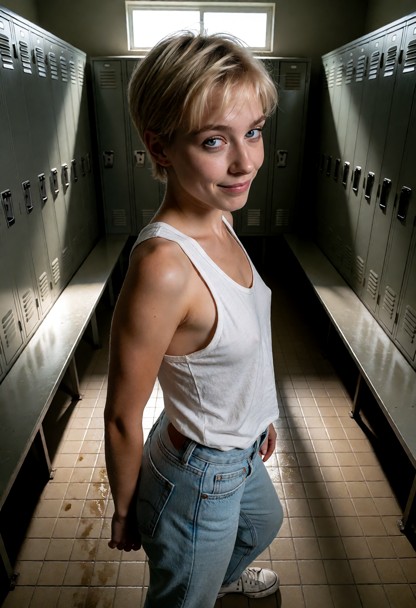 Location: dim locker room with rows of grey metal lockers, a tiled floor reflecting the overhead fluorescent light, a…