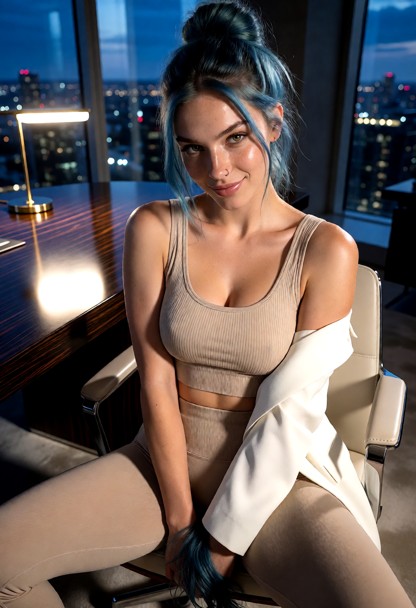Location: a modern, high-end corner office at twilight, with city lights twinkling through floor-to-ceiling windows a…