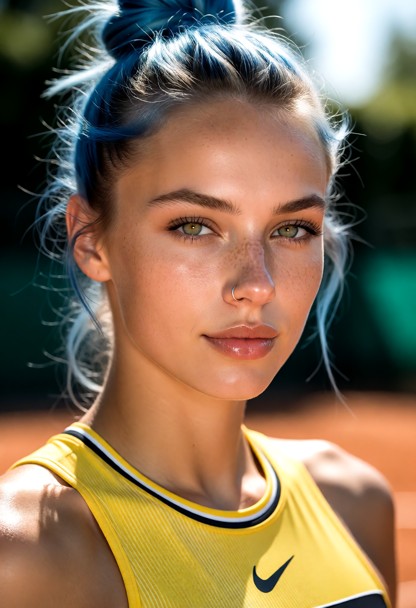 Nova lance une service comme Maja Chwalinska avec le maillot jaune sans manche et le short noir comme Maja sur le ter…