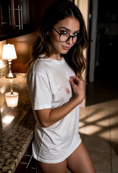 Location: dim kitchen at night with warm light from a small lamp reflecting off the polished granite countertop and s…