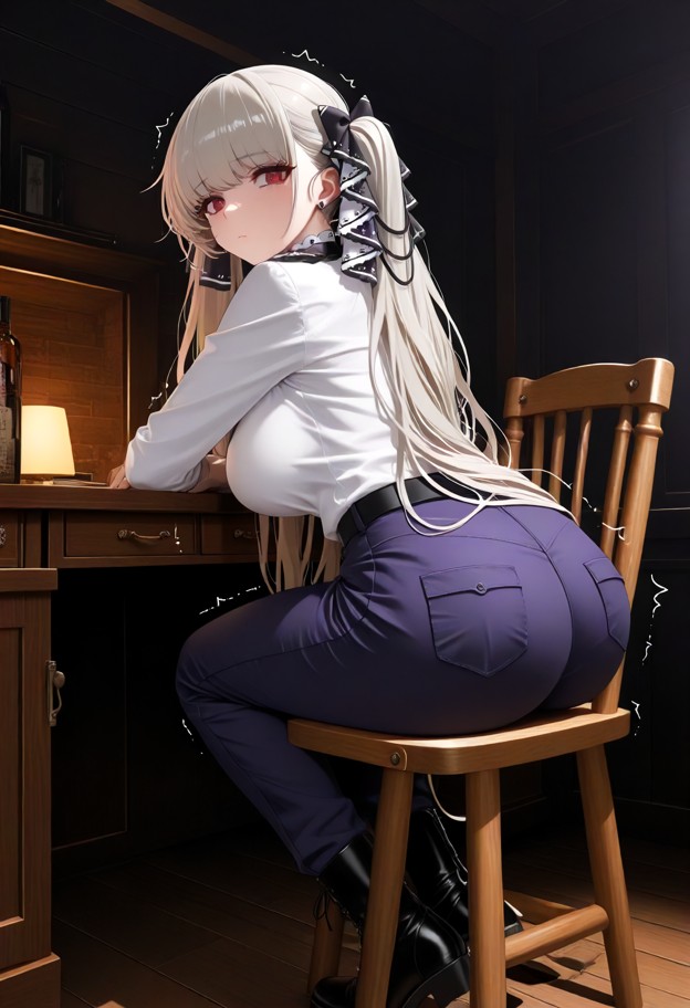 she is sitting in a wooden chair trembling with rage,white military shirt,navy blue trousers,black leather boots,insi…