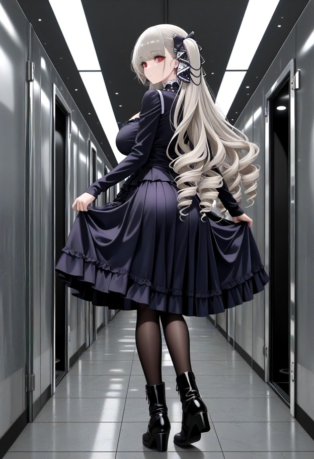she is walking through a corridor,white and gold military blouse,navy blue pleated skirt,black leather boots,dimly li…