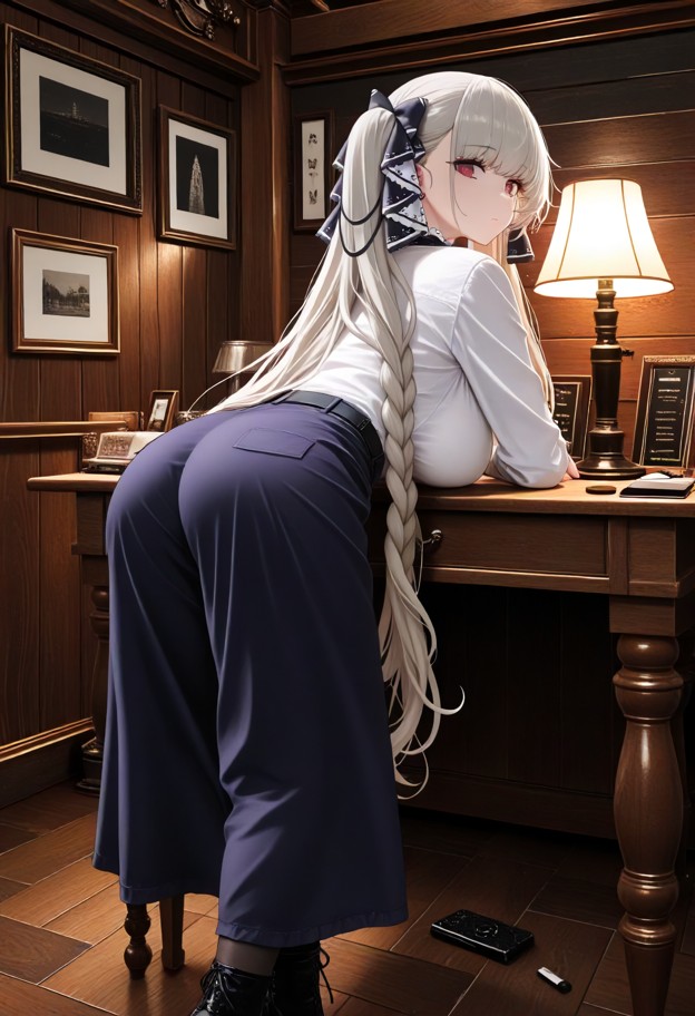 formidable leans forward over the wooden table,white military shirt,dark navy blue wool trousers,black leather boots,…