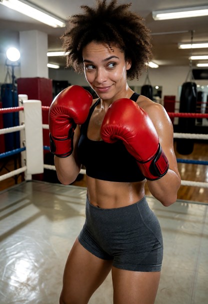 Location: a brightly lit boxing gym with a canvas ring floor, padded corner posts, and overhead fluorescent lights re…