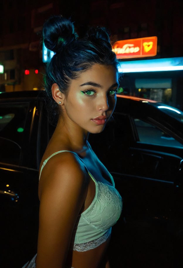 valentina leans in close to the ear,white silk camisole,black lace panties,inside a car,dark street,night,dim streetl…