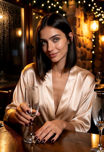 Location: inside the cozy Armenian restaurant at night, where the warm amber glow from the garlands illuminates the r…