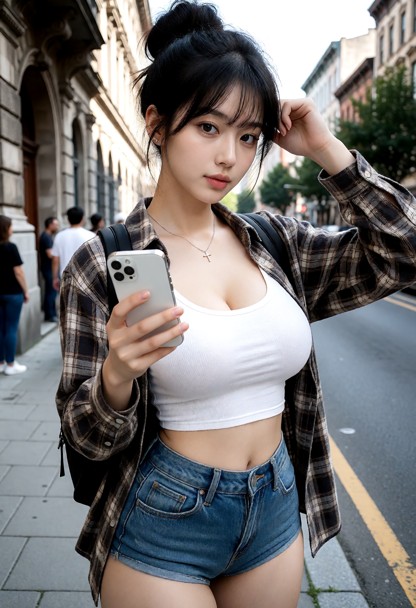 tall, slender figure, broad shoulders, thin waist, wide hips, big breasts, standing on a city sidewalk, holding a whi…