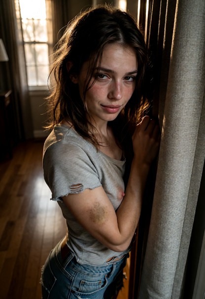Location: late afternoon in a dimly lit entryway, with soft light filtering through a nearby window and casting long,…