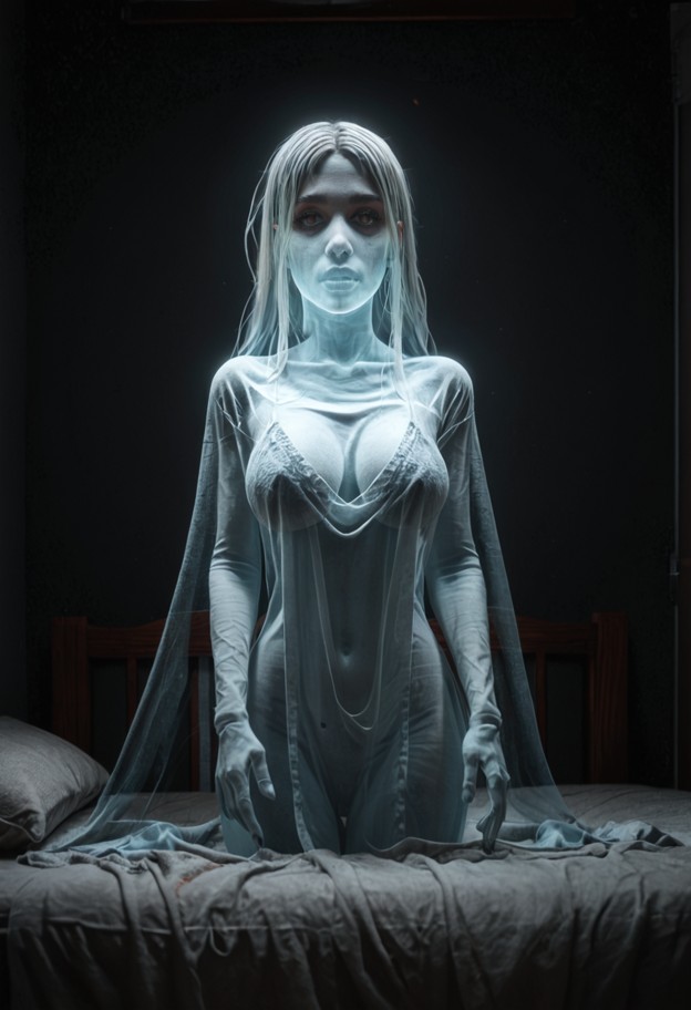 she is leaning forward and touching your cheek,white sheer lace nightgown,dark bedroom,wooden bed frame,shadows on wa…