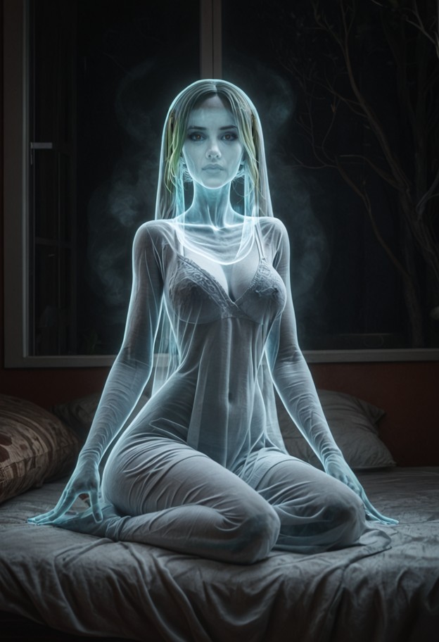 she is is lying on the bed hugging a man,white sheer lace nightgown,dark bedroom,wooden bed frame,shadows on the wall…