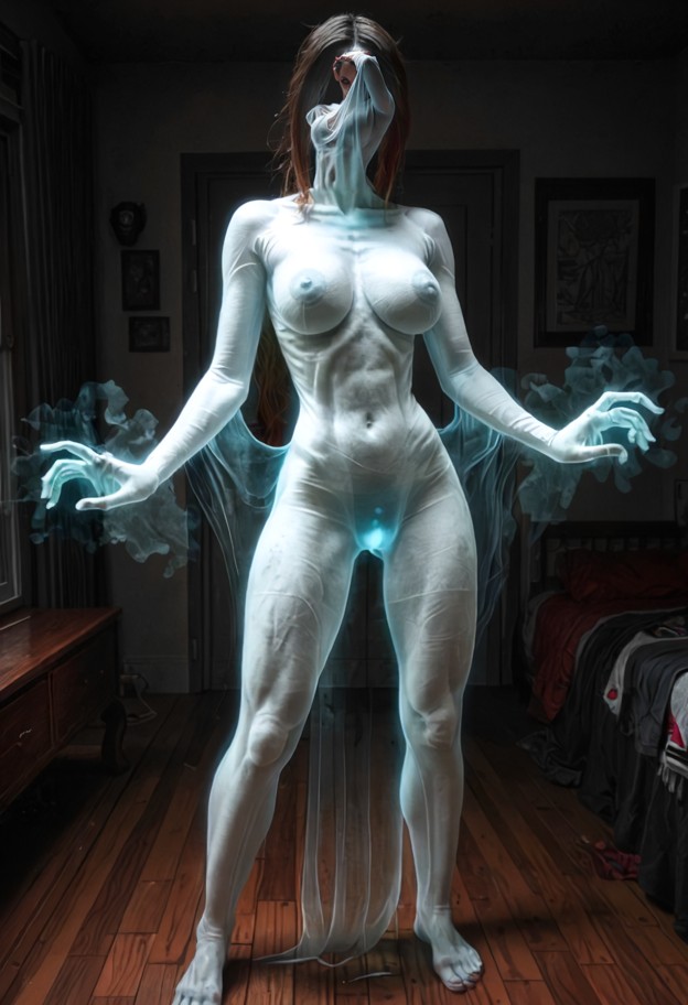 standing,spreading pussy with fingers,naked,boobs,ghost,dark bedroom,moonlight,wooden floor,facing viewer,medium shot…