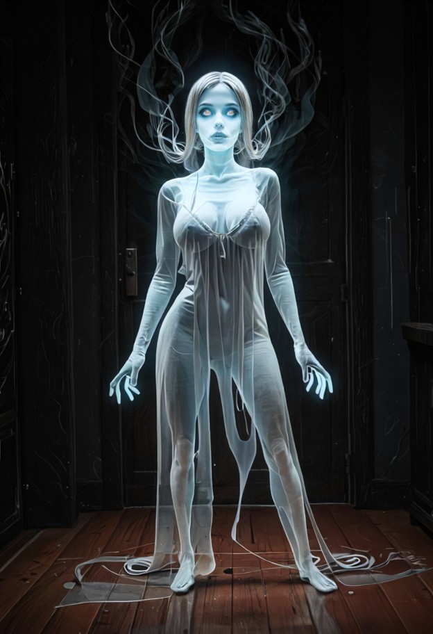 a she is ghost leaning her chest against a guy,smiling,white translucent silk nightgown,boobs,dark bedroom,moonlight,…