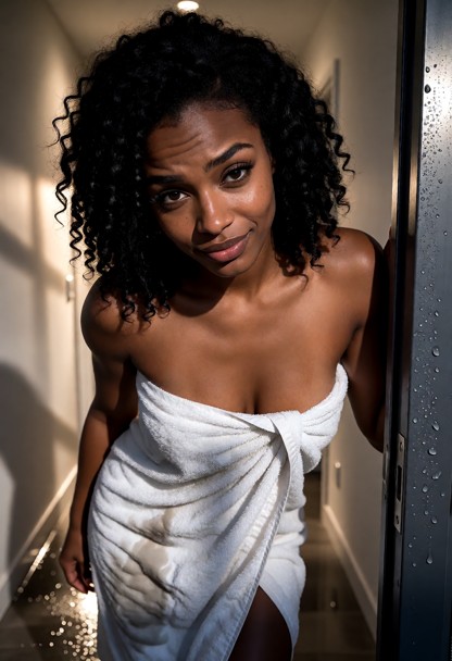 Location: hallway of the apartment at dusk, with soft ambient light from the corridor casting long shadows and reflec…