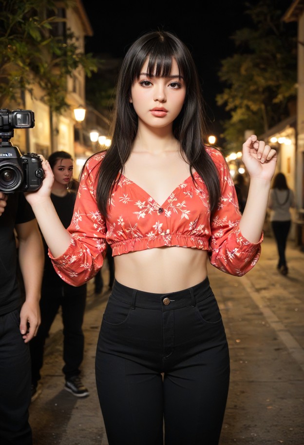 she is is pumping her fist in the air and smiling,red silk blouse,black trousers,outdoor film set,production lights,c…