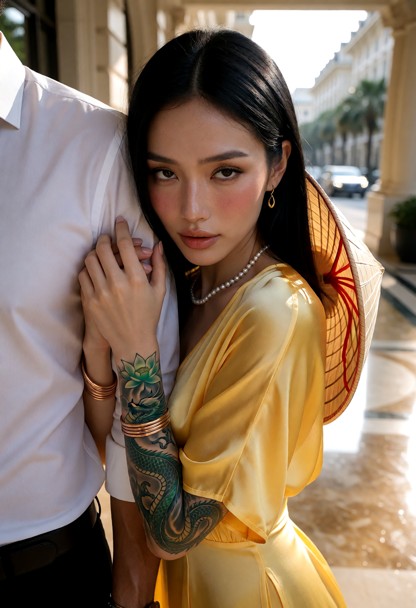 Location: bright morning on a sunlit street outside a grand hotel, with soft daylight filtering through the surroundi…