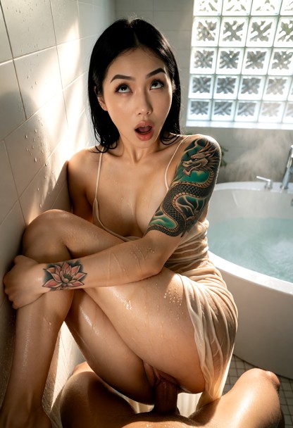 Location: bright morning in a clean bathroom with white tiled walls, a large steaming bathtub, and soft sunlight filt…