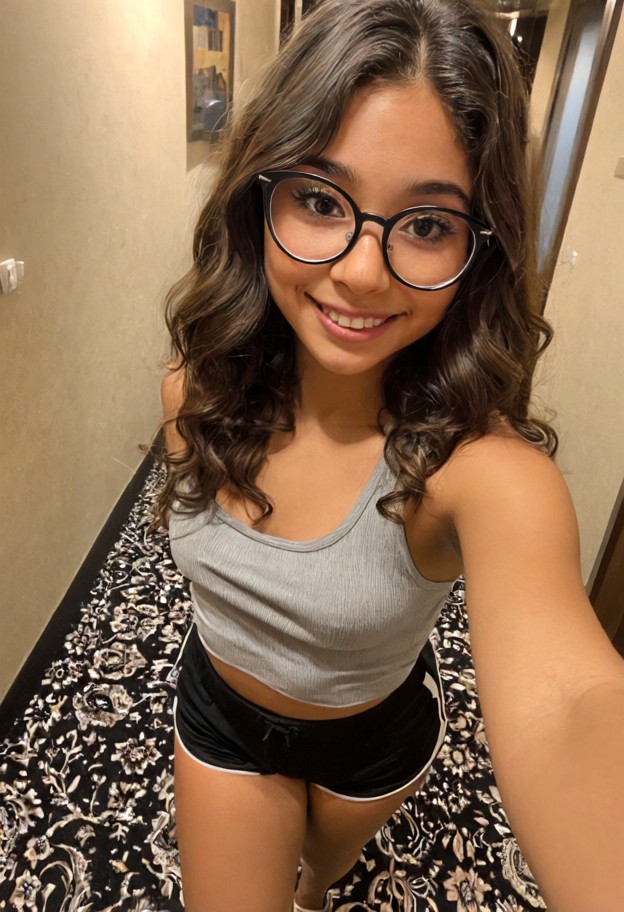 iris is walking towards the viewer,smiling,grey cotton tank top,black jersey shorts,dim hotel hallway,patterned carpe…