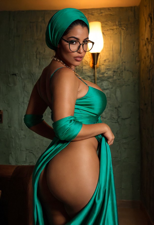 aaliyah approaches the viewer,solo,silk emerald green slip dress,gold necklaces,dimly lit intimate room,textured wall…