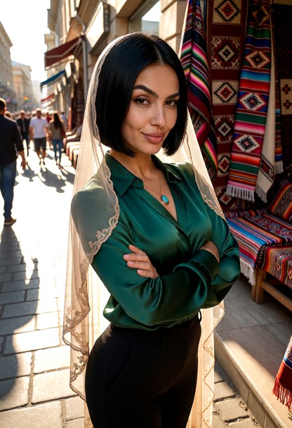 Location: bright afternoon on a bustling Tashkent street with colorful patterned textiles in shop windows, sun-drench…