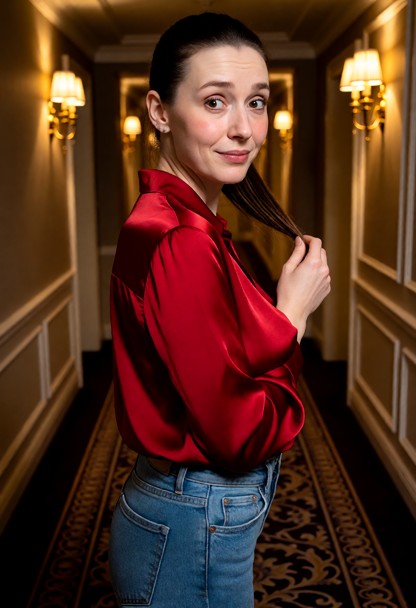 Location: night in a dimly lit hotel hallway with plush patterned carpet and warm golden light emanating from ornate …