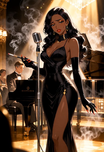 cinematic film still, 1930s european jazz nightclub stage. a beautiful soulful singer wearing a glamorous black eveni…