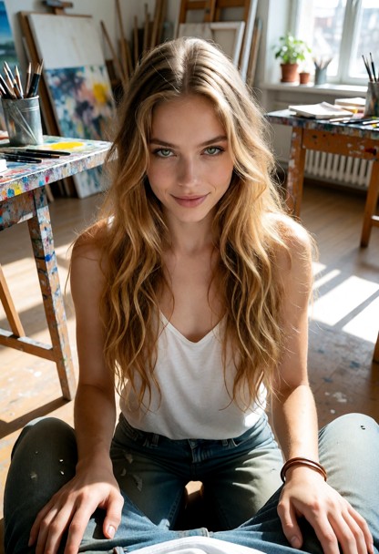 Location: sunlit art studio filled with paint-splattered worktables, canvases, and bright afternoon light streaming t…