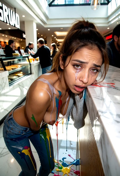 Location: a brightly lit shopping mall cafe with polished marble surfaces, glass display cases, and harsh fluorescent…