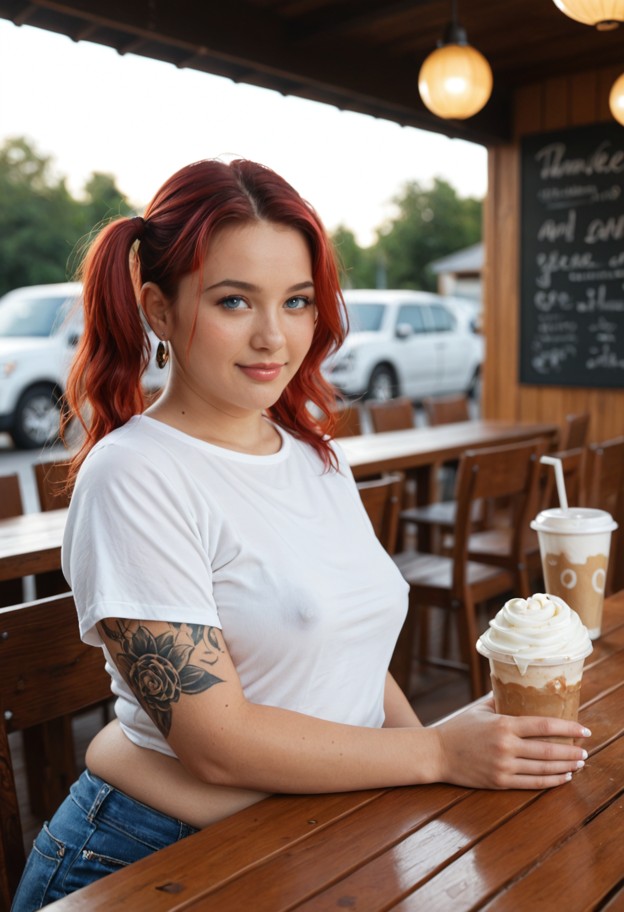 she is,she is sliding her hand under shirt,white silk blouse,blue denim skirt,outdoor cafe,wooden tables and chairs,s…