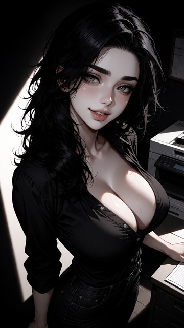 woman lifts her hands, unbuttones her blouse and pulls it aside, exposing her nipples, rocking her bosom slowly, tilt…