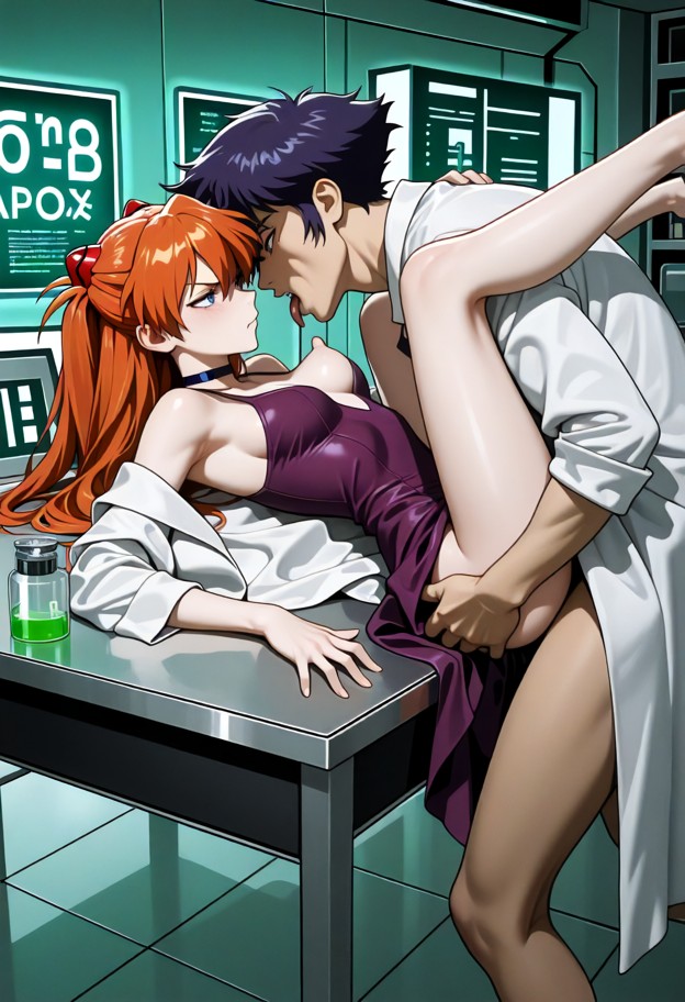 1girl lying on stainless steel table,1spike from cowboy bebop,licking nipples,side view,orgasmic face woman in dark p…