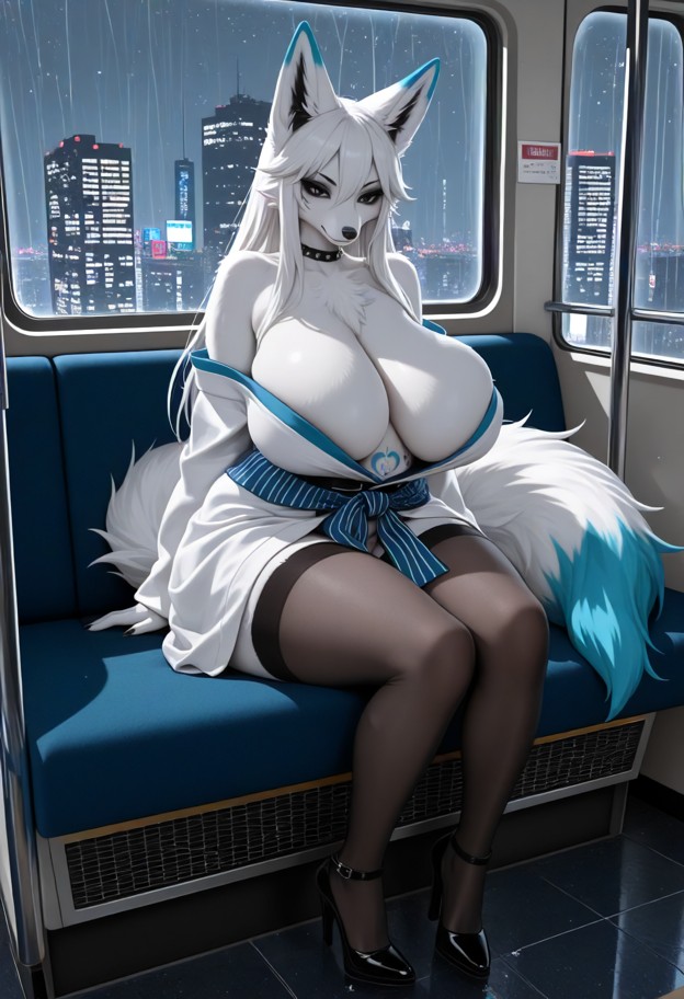 1girl sitting on lap,white kimono,bare breasts,black stockings,high heels,fox tails wrapping around waist,angry expre…