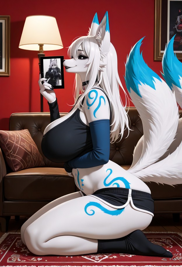 1girl kneeling on carpet,holding picture,fox woman in picture smiling with nine tails and burning red eyes,soft lamp …